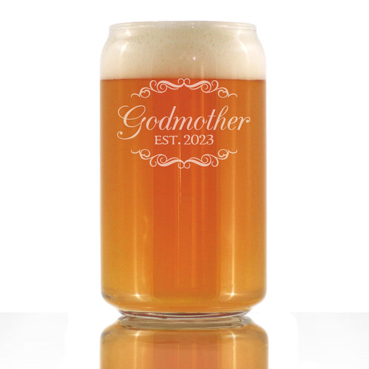 Godmother Est. 2023 - Decorative 16 oz Beer Can Pint Glass - Etched Sayings, Cute and Fun Reveal Gift for Godparents
