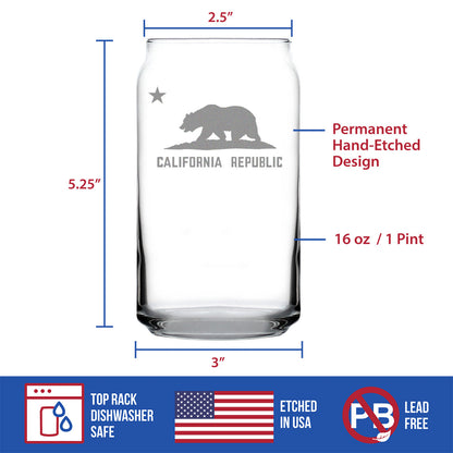 California Flag Beer Can Pint Glass - State Themed Drinking Decor and Gifts for Californian Women & Men - 16 Oz Glasses