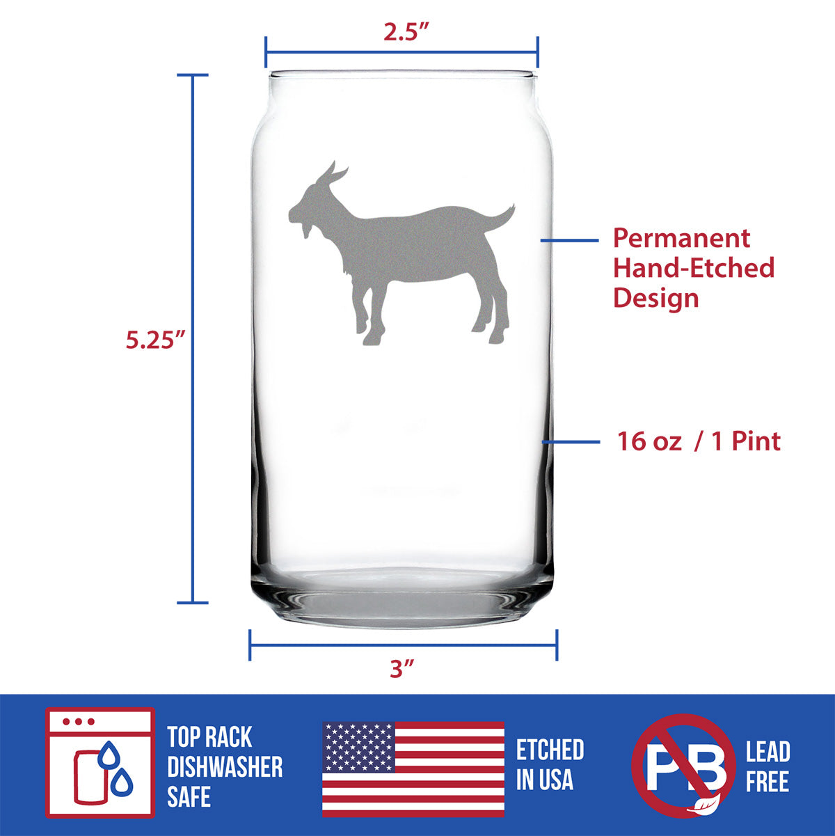 Goat Silhouette - Cute Beer Can Pint Glass, 16 Oz, Etched Designs - Farmhouse Décor Gifts for Lovers of Goats and Beer