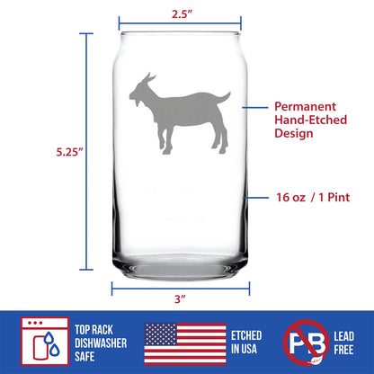 Goat Silhouette - Cute Beer Can Pint Glass, 16 Oz, Etched Designs - Farmhouse Décor Gifts for Lovers of Goats and Beer