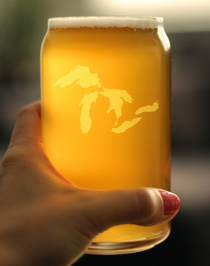 Great Lakes Map Beer Can Pint Glass Gift for Beer Drinking Men & Women - 16 oz Glassware - Unique Engraved Barware Gifts