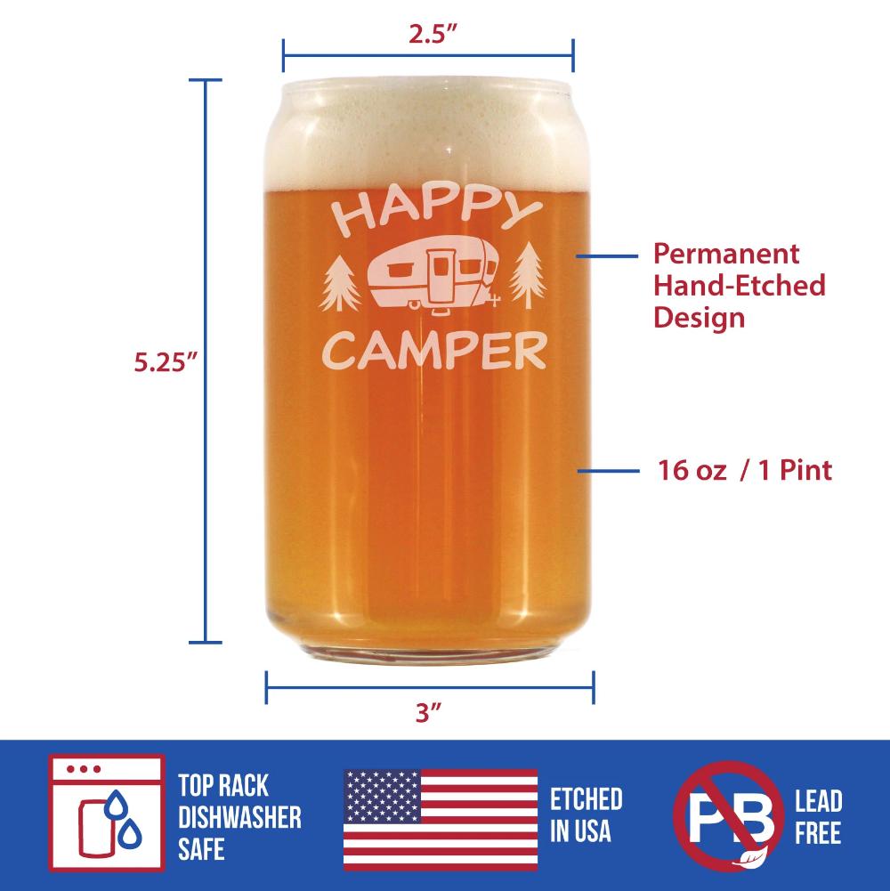 Happy Camper - Beer Can Pint Glass - Fun RV Gifts for Men & Women Who Love Drinking & Camping - 16 oz