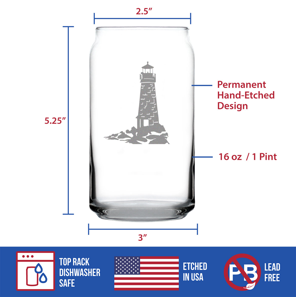 Lighthouse Beer Can Pint Glass - Nautical Themed Decor and Gifts for Beach Lovers - 16 oz Glasses
