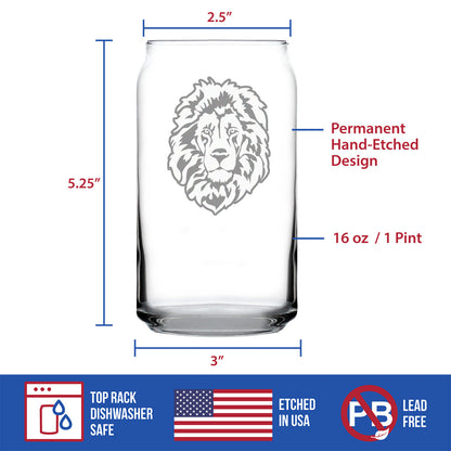 Lion Face Beer Can Pint Glass - Unique Lion Themed Decor and Gifts for Animal Lovers - 16 Oz Glasses