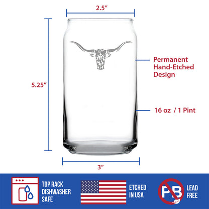Longhorn Beer Can Pint Glass - Western Themed Farm Decor and Gifts for Texan Ranchers - 16 Oz Glasses
