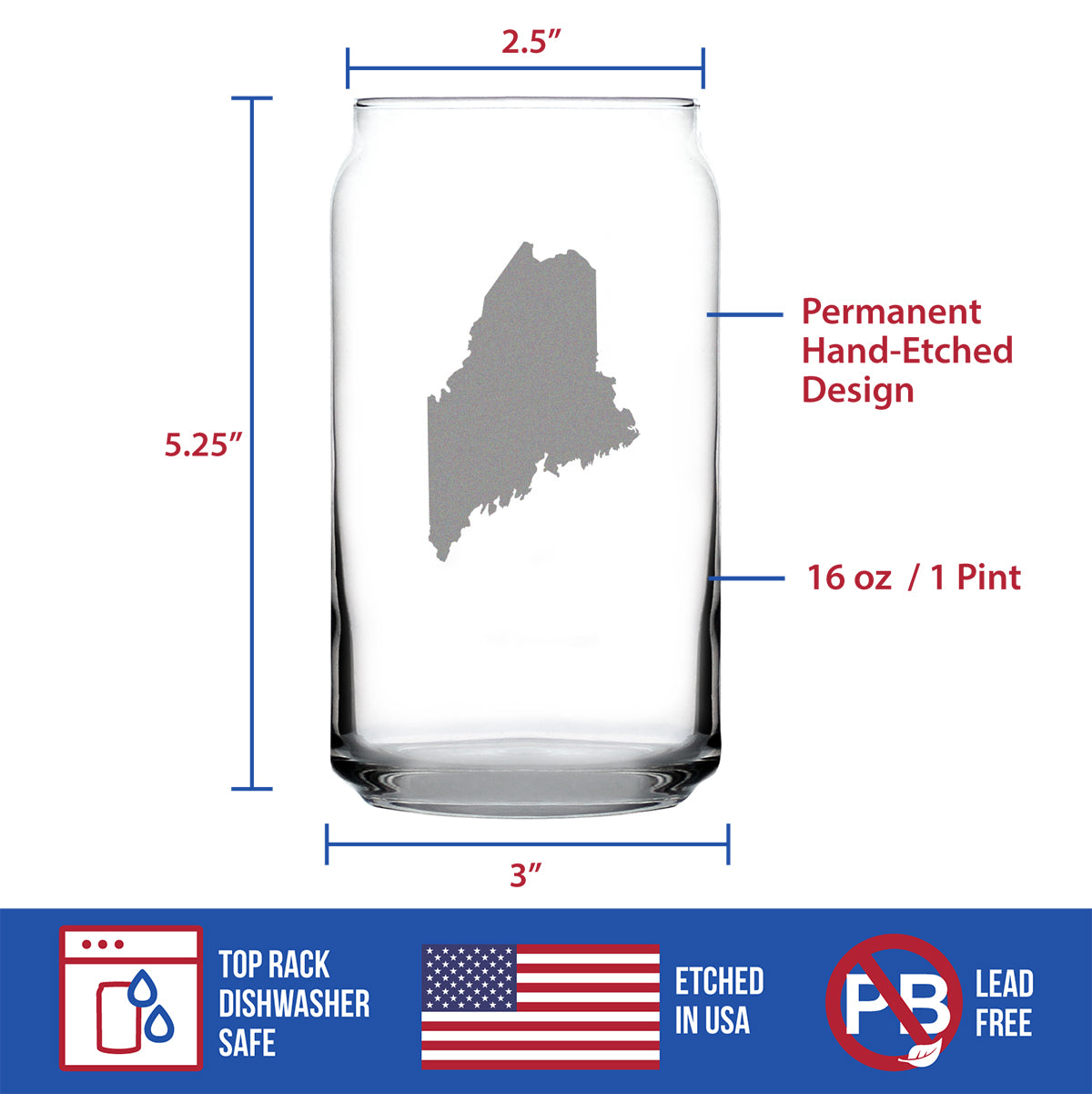 Maine State Outline Beer Can Pint Glass - State Themed Drinking Decor and Gifts for Mainer Women & Men - 16 Oz Glasses
