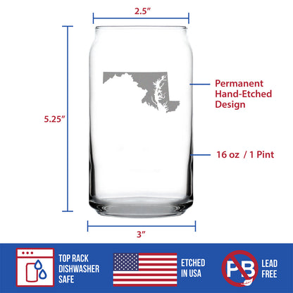 Maryland State Outline Beer Can Pint Glass - State Themed Drinking Decor and Gifts for Marylander Women & Men - 16 Oz Glasses