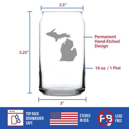Michigan State Outline Beer Can Pint Glass - State Themed Drinking Decor and Gifts for Michigander Women & Men - 16 Oz Glasses