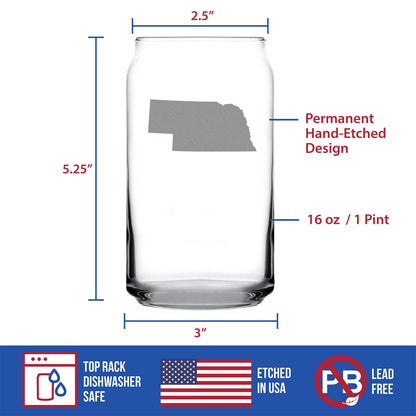 Nebraska State Outline Beer Can Pint Glass - State Themed Drinking Decor and Gifts for Nebraskan Women & Men - 16 Oz Glasses