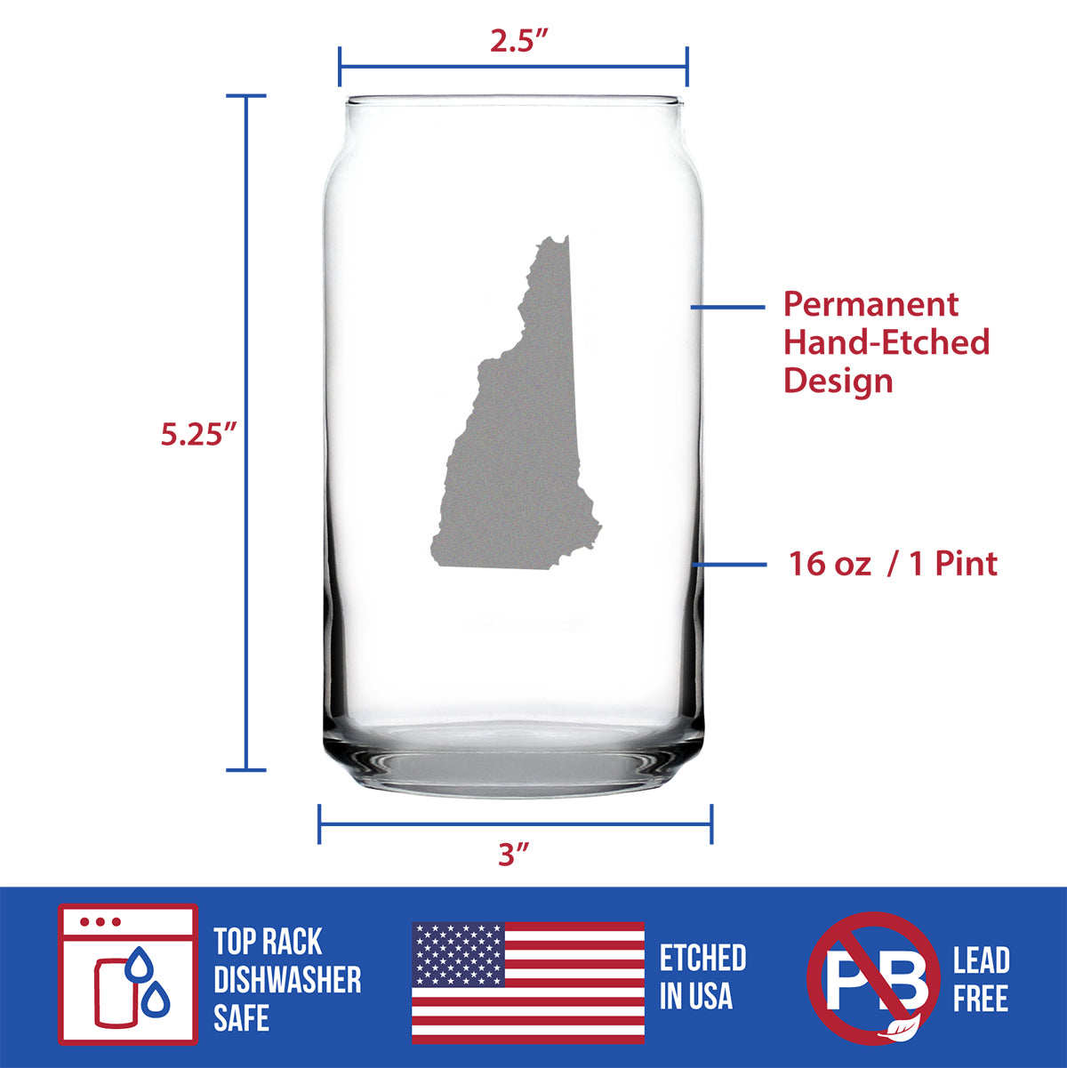 New Hampshire State Outline Beer Can Pint Glass - State Themed Drinking Decor and Gifts for New Hampshirite Women & Men - 16 Oz Glasses