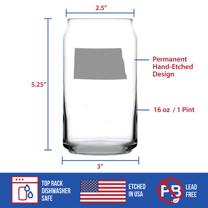 North Dakota State Outline Beer Can Pint Glass - State Themed Drinking Decor and Gifts for North Dakotan Women & Men - 16 Oz Glasses
