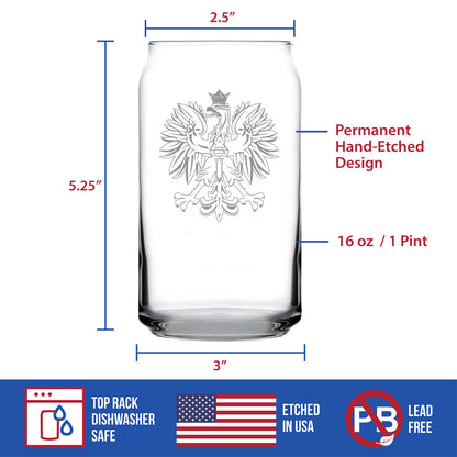 Polish Eagle - Engraved Beer Can Shaped Pint Glass, Party Cup for Poles & Beer Lovers, Unique Poland Gifts