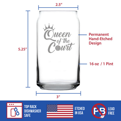 Queen of the Court - Beer Can Pint Glass - Funny Pickleball Themed Decor and Gifts - 16 oz Glasses