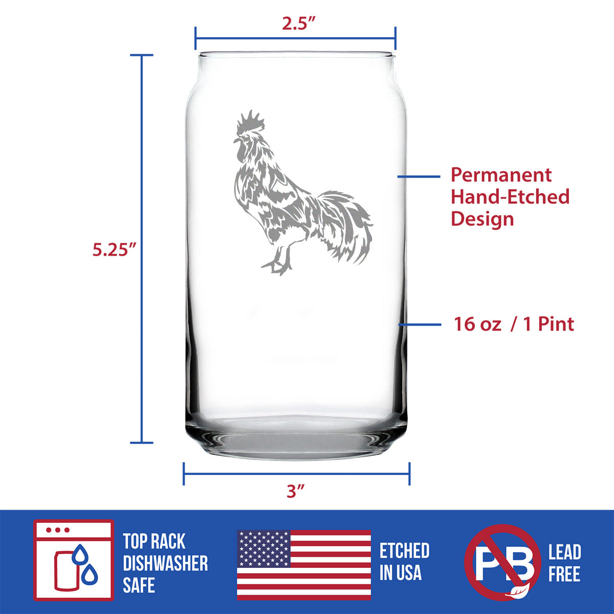 Rooster - Cute Funny Beer Can Pint Glass, Etched Sayings - Cute Farmhouse Décor Gifts for Lovers of Roosters, Chickens, and Beer