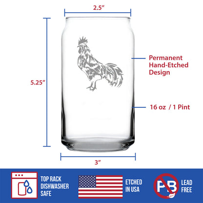 Rooster - Cute Funny Beer Can Pint Glass, Etched Sayings - Cute Farmhouse Décor Gifts for Lovers of Roosters, Chickens, and Beer