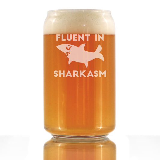 Fluent in Sharkasm - Funny Shark Beer Can Pint Glass Gifts for Men & Women - Fun Unique Sharks Decor