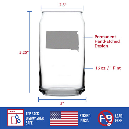 South Dakota State Outline Beer Can Pint Glass - State Themed Drinking Decor and Gifts for South Dakotan Women & Men - 16 Oz Glasses