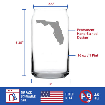 Florida State Outline Beer Can Pint Glass - State Themed Drinking Decor and Gifts for Floridian Women & Men - 16 Oz Glasses