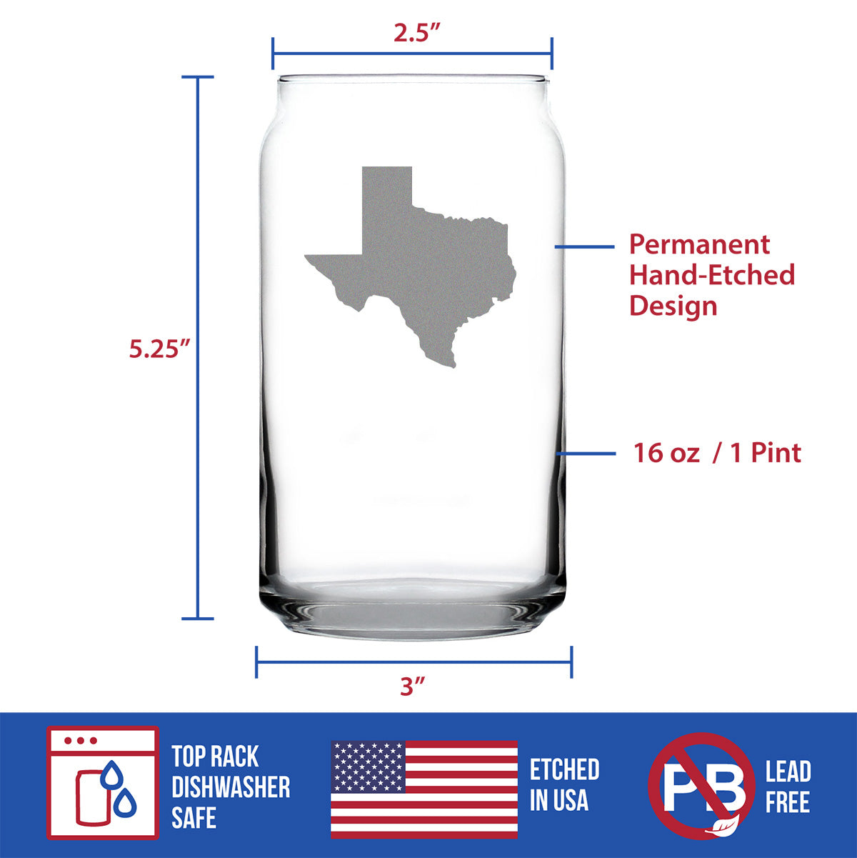 Texas State Outline Beer Can Pint Glass - State Themed Drinking Decor and Gifts for Texan Women & Men - 16 Oz Glasses