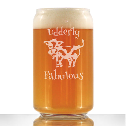 Udderly Fabulous - Beer Can Pint Glass - Funny Cow Gifts for Men & Women - Fun Cow Themed Décor - 16 oz