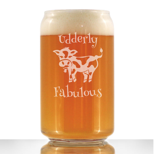 Udderly Fabulous - Beer Can Pint Glass - Funny Cow Gifts for Men & Women - Fun Cow Themed Décor - 16 oz