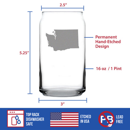 Washington State Outline Beer Can Pint Glass - State Themed Drinking Decor and Gifts for Washingtonian Women & Men - 16 Oz Glasses