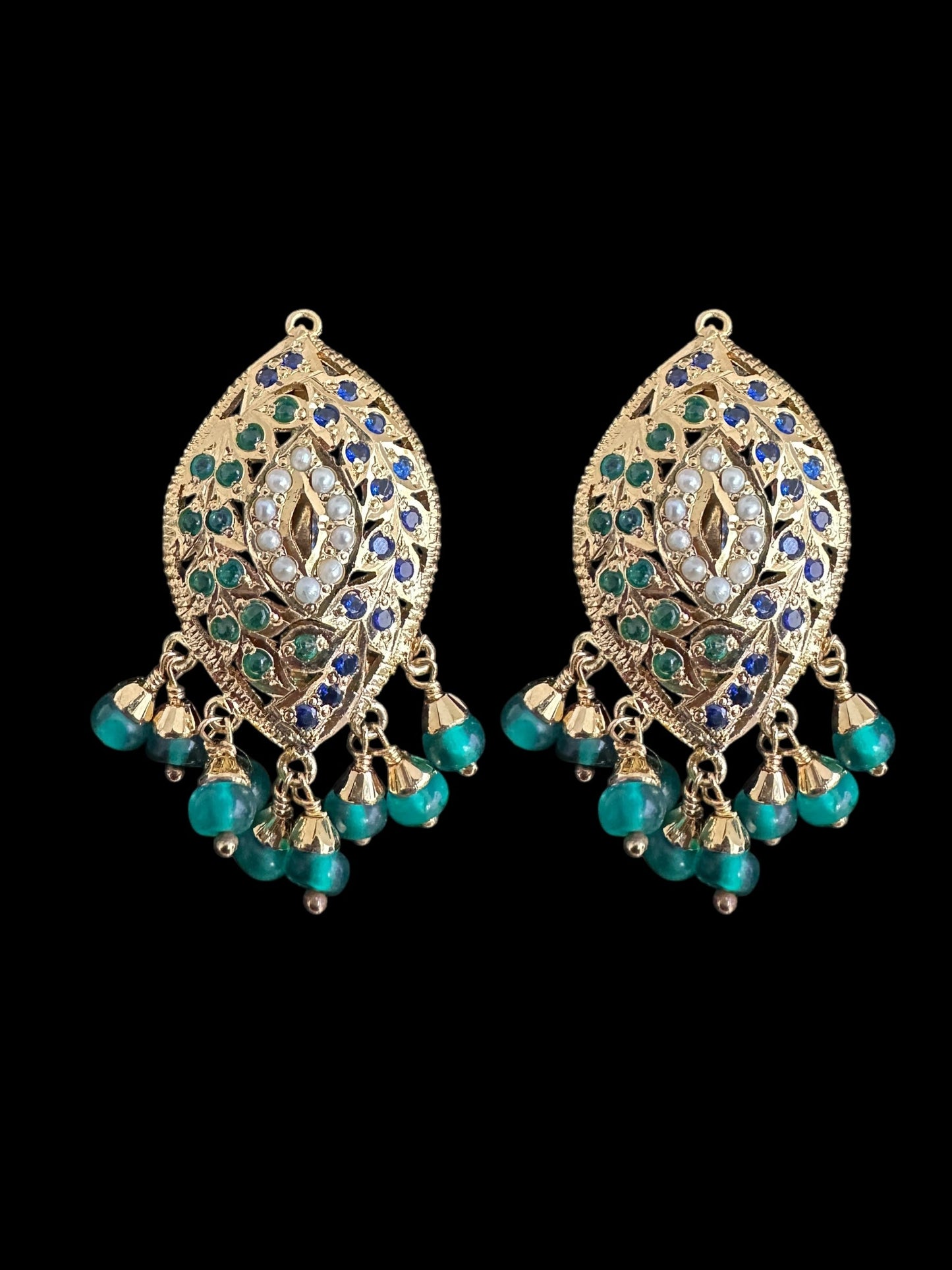 Emerlad sapphire pearl jadau silver necklace set with gold plating ( READY TO SHIP )