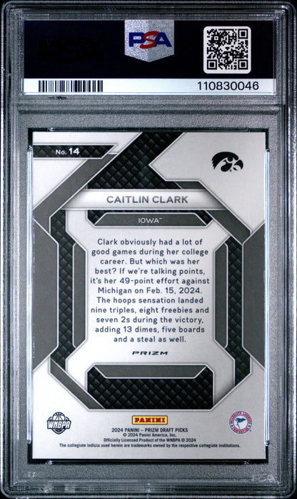 Graded 2024 Panini Prizm Draft Picks Caitlin Clark #14 New Recruits Silver Prizm Rookie RC Basketball Card PSA 10 Gem Mint
