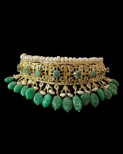 BR482 Insia Hyderabadi bridal set in emeralds with fresh water pearls ( READY TO SHIP )