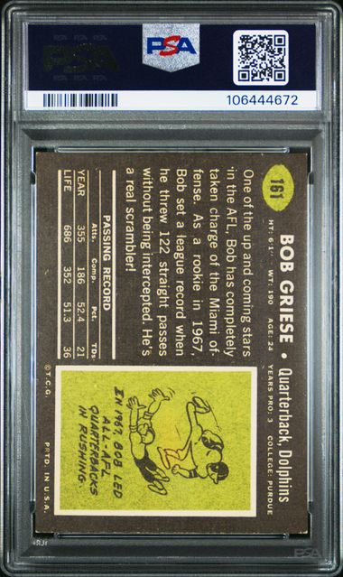Graded 1969 Topps Bob Griese #161 Football Card PSA 6 EX-MT