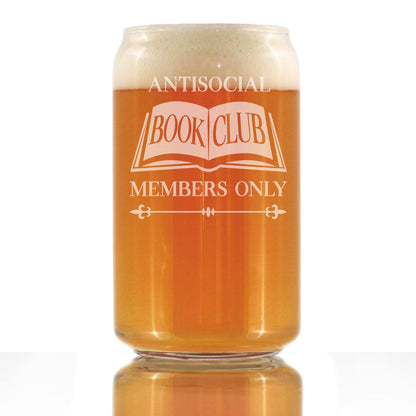 Antisocial Book Club Engraved Beer Can Glass  Funny Gifts for Introverts and Book Club Beer Can Shaped Pint Glass - 16oz