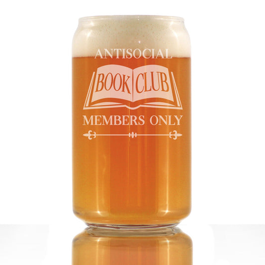 Antisocial Book Club Engraved Beer Can Glass  Funny Gifts for Introverts and Book Club Beer Can Shaped Pint Glass - 16oz