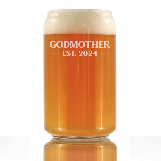 Godmother Est 2024 - New Godmother Beer Can Pint Glass Proposal Gift for First Time Godparents - Bold 16 Oz Glasses