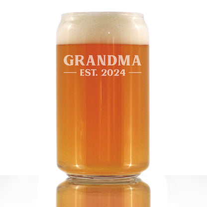 Grandma Est 2024 - New Grandmother Beer Can Pint Glass Gift for First Time Grandparents - Bold 16 Oz Glasses