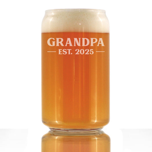 Grandpa Est 2025 - New Grandfather Beer Can Pint Glass Gift for First Time Grandparents - Bold 16 Oz Glasses