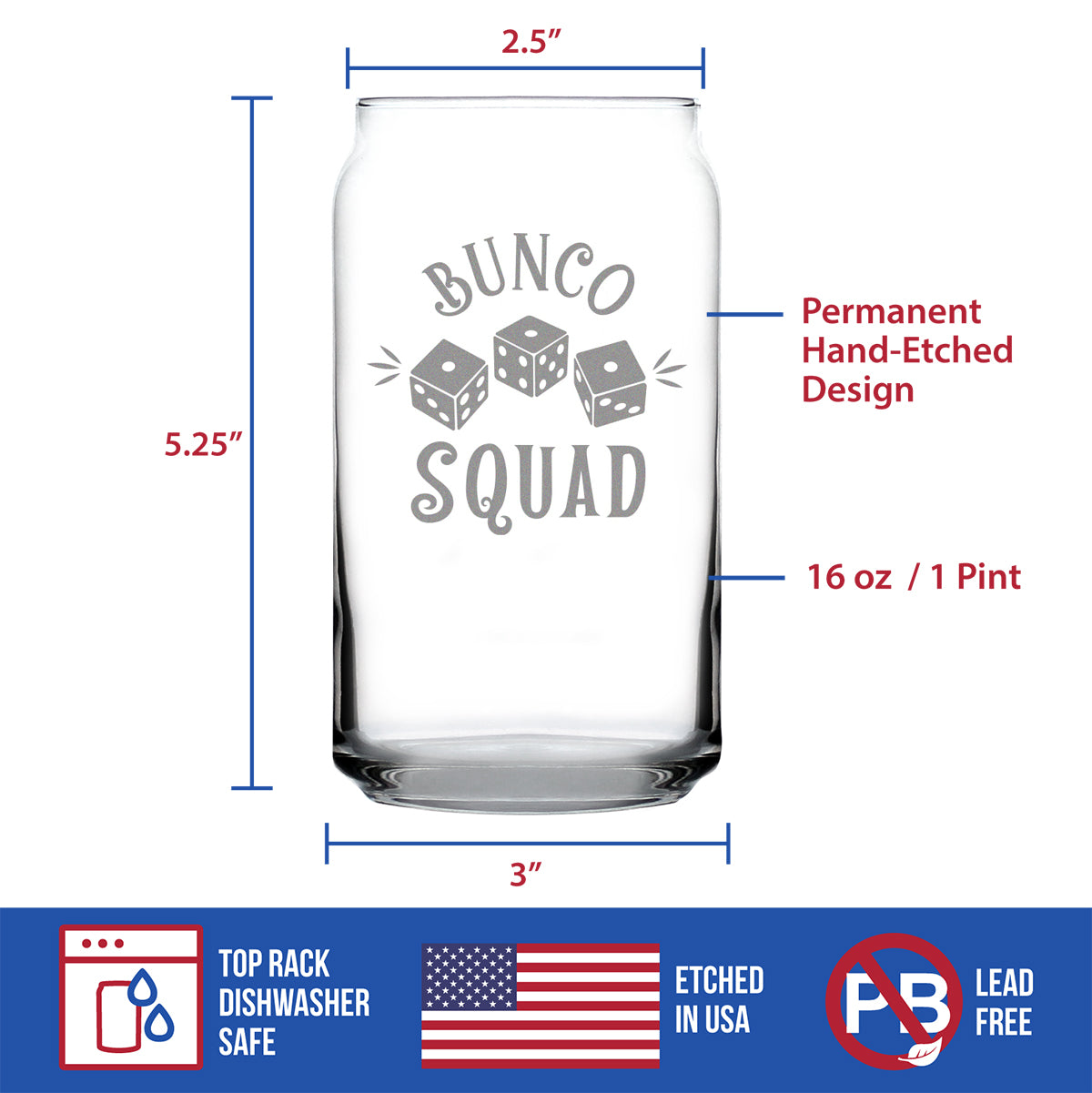 Bunco Squad Beer Can Pint Glass - Bunco Decor and Bunco Gifts for Women - 16 Oz Glasses