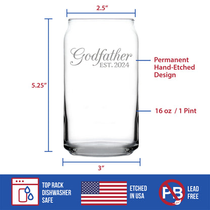 Godfather Est 2024 - New Godfather Beer Can Pint Glass Proposal Gift for First Time Godparents - Decorative 16 Oz Glasses