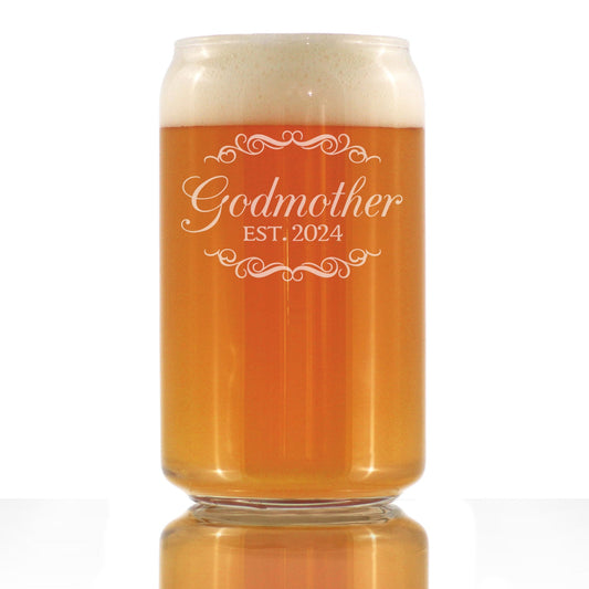 Godmother Est 2024 - New Godmother Beer Can Pint Glass Proposal Gift for First Time Godparents - Decorative 16 Oz Glasses