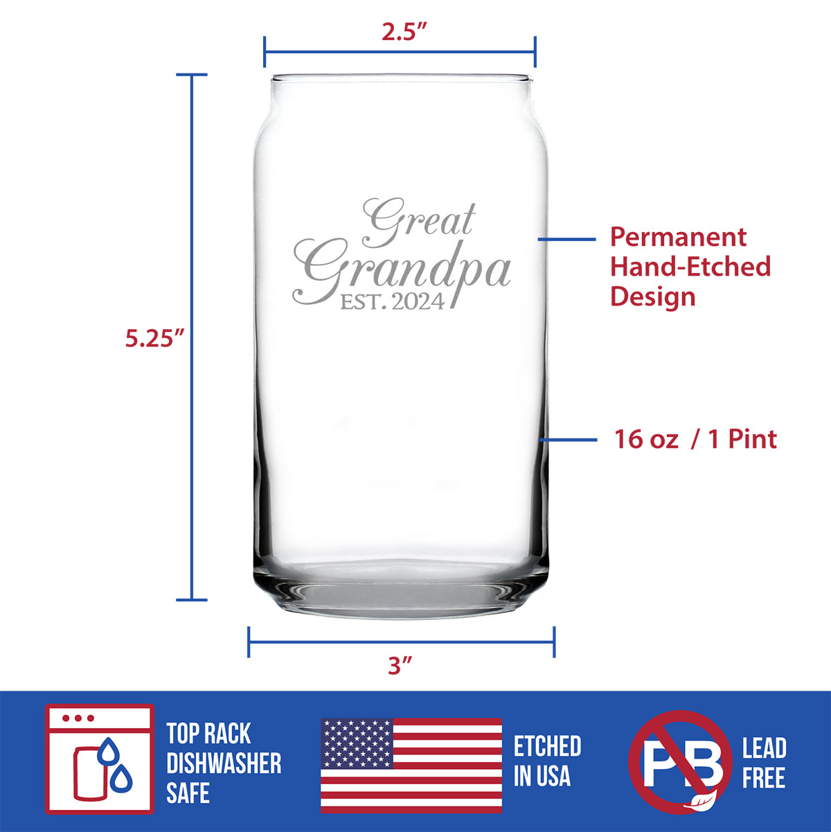 Great Grandpa Est 2024 - New Great Grandfather Beer Can Pint Glass Gift for First Time Great Grandparents - Decorative 16 Oz Glasses