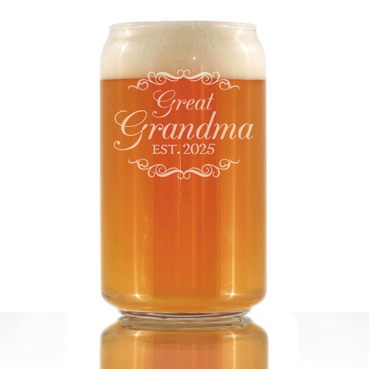 Great Grandma Est 2025 - New Great Grandmother Beer Can Pint Glass Gift for First Time Great Grandparents - Decorative 16 Oz Glasses