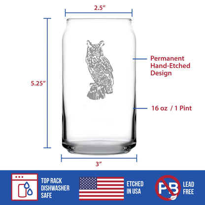 Great Horned Owl Engraved Beer Can Glass Owl Decor and Bird Lover Gifts Beer Can Shaped Pint Glass - 16oz