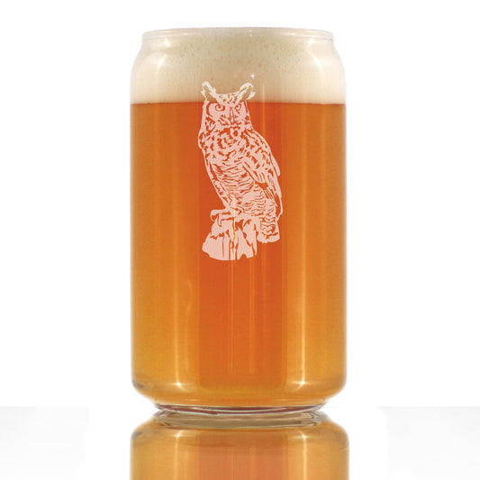 Great Horned Owl Engraved Beer Can Glass Owl Decor and Bird Lover Gifts Beer Can Shaped Pint Glass - 16oz