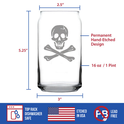Skull and Crossbones Beer Can Pint Glass - Skull Decor and Jolly Roger Flag Gifts - 16 Oz Glasses