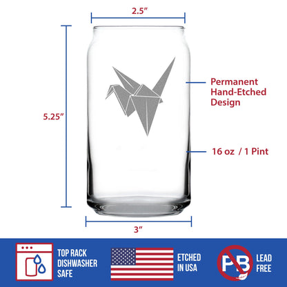 Paper Crane Engraved Beer Can Glass Japanese Decor and Gifts Beer Can Shaped Pint Glass - 16oz
