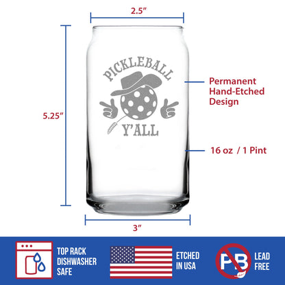 Pickleball Y'all Engraved Beer Can Glass Gifts Funny Pickleball Gifts Beer Can Shaped Pint Glass - 16oz