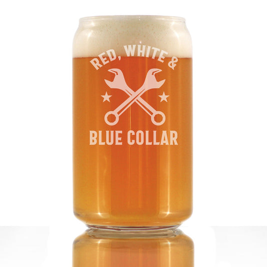 Red White & Blue Collar Engraved Beer Can Glass Gifts Gifts for Tradesmen, Manual Labor Workers Beer Can Shaped Pint Glass - 16oz
