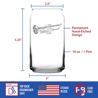 Trumpet Beer Can Pint Glass - Music Gifts for Trumpet Players, Teachers and Musical Accessories for Musicians that Play Trumpets - 16 Oz Glasses