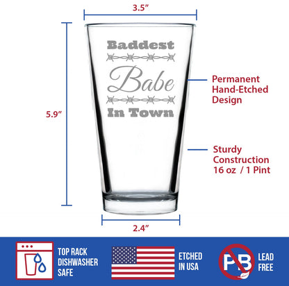 Baddest Babe in Town Engraved Pint Glass Gifts Gifts for Women with Attitude High Quality Pint Glasses for Beer - 16oz