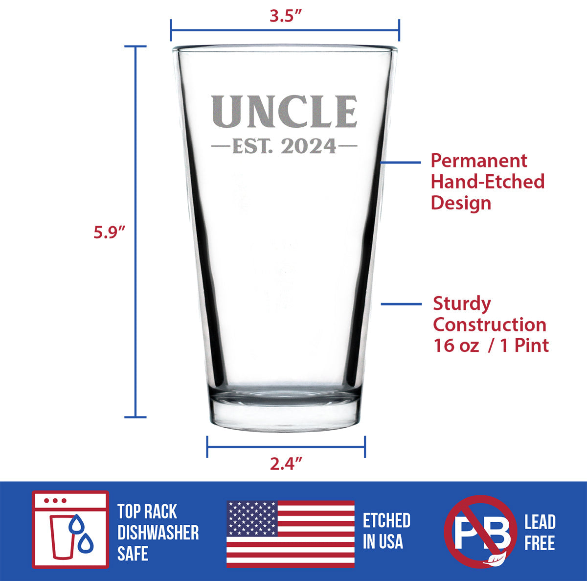 Uncle Est 2024 - Pint Glass Gift for First Time Uncles - Bold 16 Oz Glasses