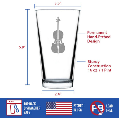 Cello - Pint Glass for Beer - Orchestra Gifts for Cellists - 16 oz Glasses